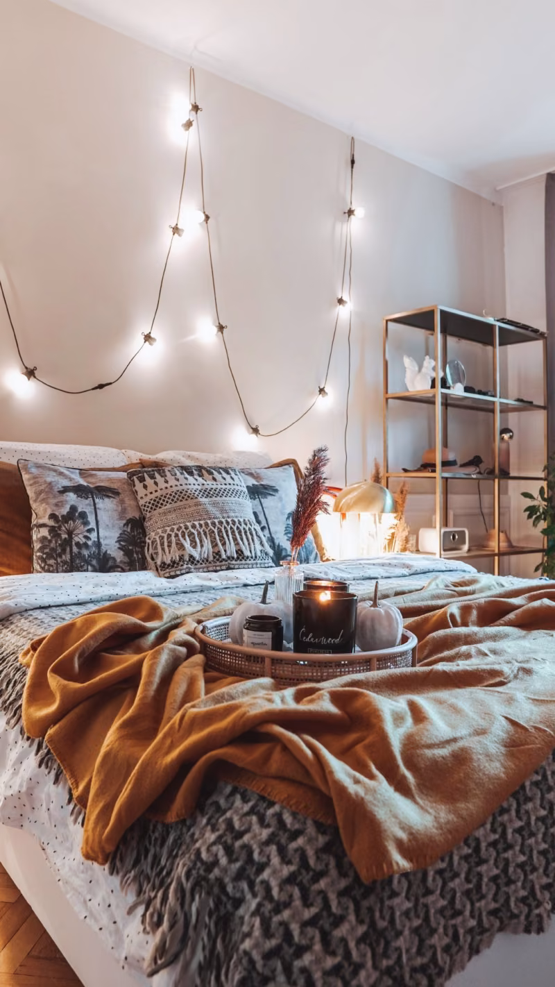 beige colour wall in bohemian style bedroom
